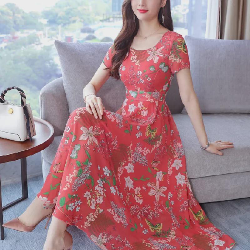 Женское платье длиной до колена с короткими рукавами, цветочным принтом, круглым вырезом и приталенным кроем, лето 2021 г.