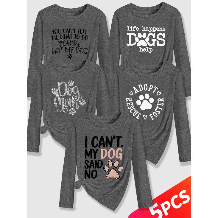 Lele Orientation Five-piece women's long-sleeve set Paw print canine-themed fun English phrases with a healing retro print Spring, Summer, Autumn