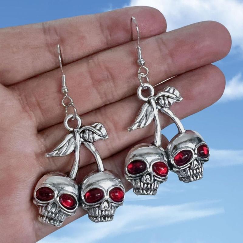 Skull Cherry Dangle Earrings Edgy Jewelry Gothic Skeleton Pendant Earring Hip Hop Jewelry for Women Girl Halloween Decor