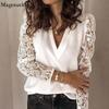 Полая лоскутная женская блузка с кружевными рукавами, винтажная Свободная женская рубашка с v-образным вырезом, белые блузки с длинными рукавами, топы, женская одежда 19040