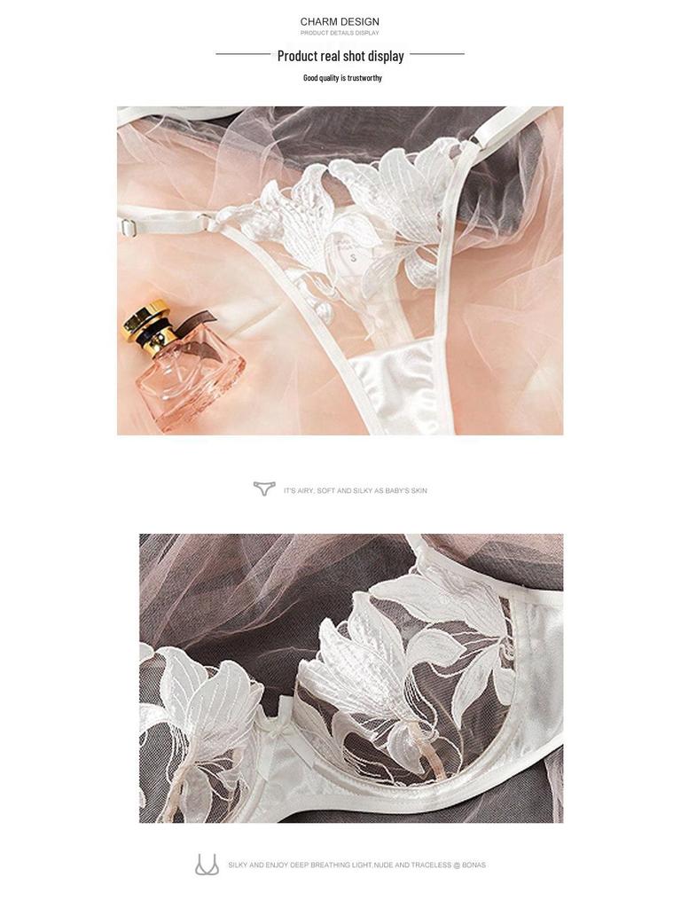 Sweet Lace Embroidered Mesh See-Through Lingerie Set