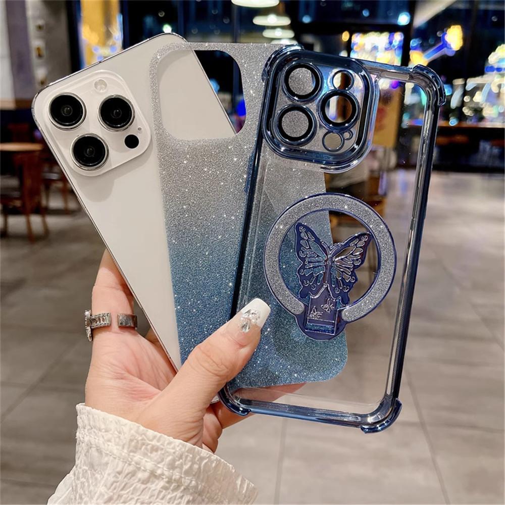 Shockproof Glitter Plating Butterfly Stand Case For Honor 200 100 90 80 70 60 50 Pro Magic 6 Pro Soft Silicon Bracket Back Cover