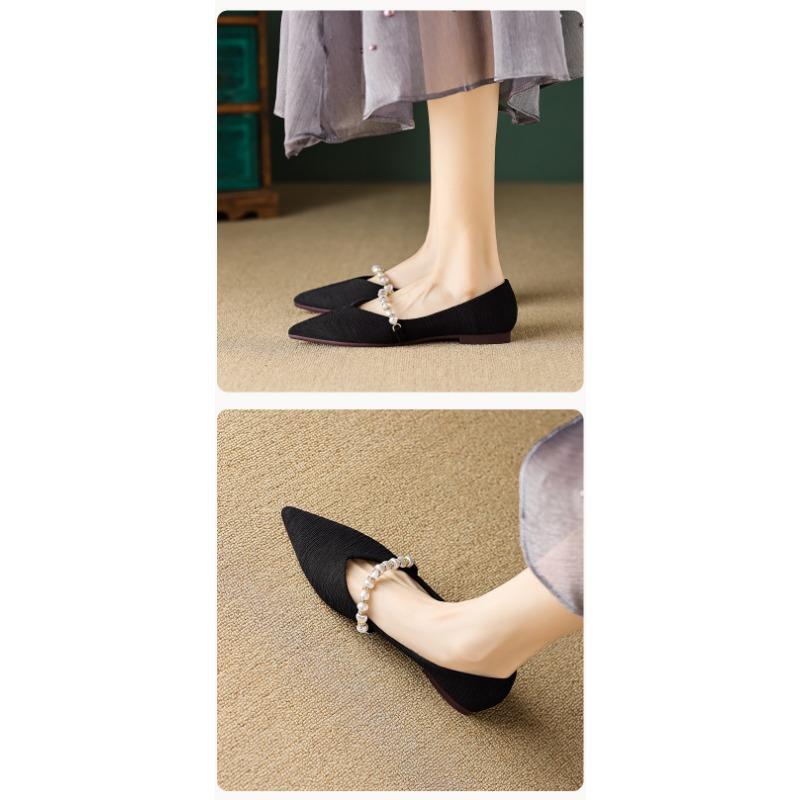 Pointed Single Shoes Female Flat Bottom French Evening Evening Wind Pearl Soybean Shoes Shallow Mouth Large Size Women's Shoes