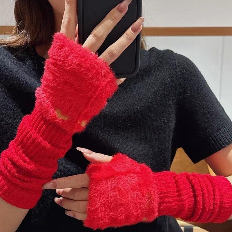 1Pair Knitted Pile Sleeves Protect Your Arms Sleeve Winter Half Finger Gloves