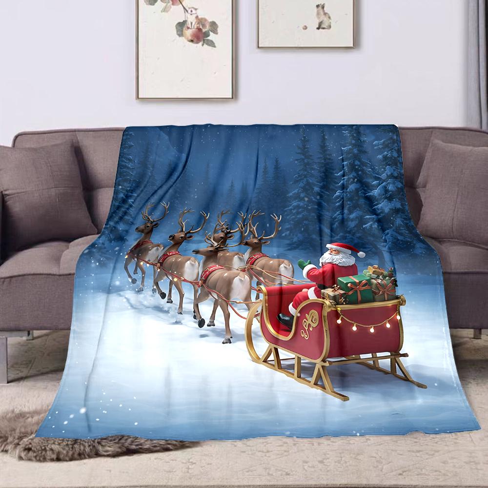 Santa's Sleigh with Reindeer at Night Patterned flannel blanket perfect for the bedroom living room, sofa, or a little nap