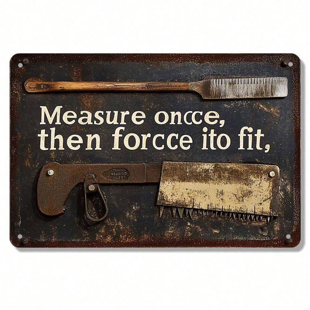 Vintage Metal Sign 8x12 Inch Measure Once Cut Twice Rustic Saw Chisel Wall Decor for Garage Workshop Man Cave