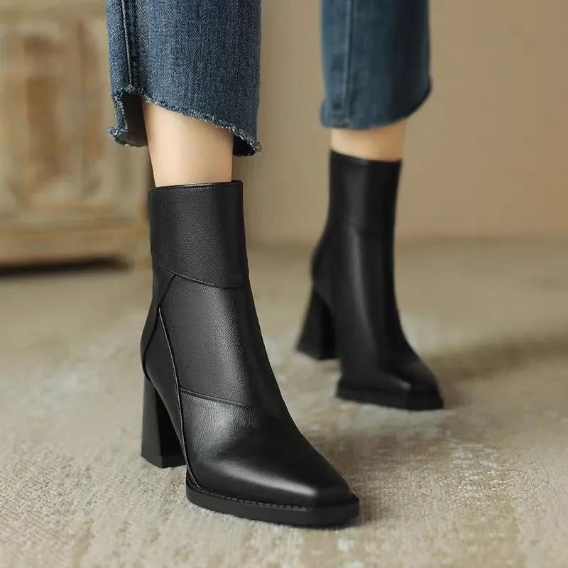 2024 Hot Selling Fashion Square Toe Women's Boots Solid Color Thick Heel Spring Autumn Naked Boots Zipper Decoration