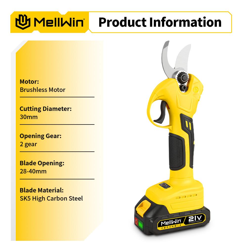 MELLWIN 30 мм Бесщеточные Электрические Секаторы Аккумуляторные Ножницы для Обрезки Ветвей Фруктовых Деревьев Садовые Ножницы Для Аккумулятора Makita 18 В Штифтовое Соединение
