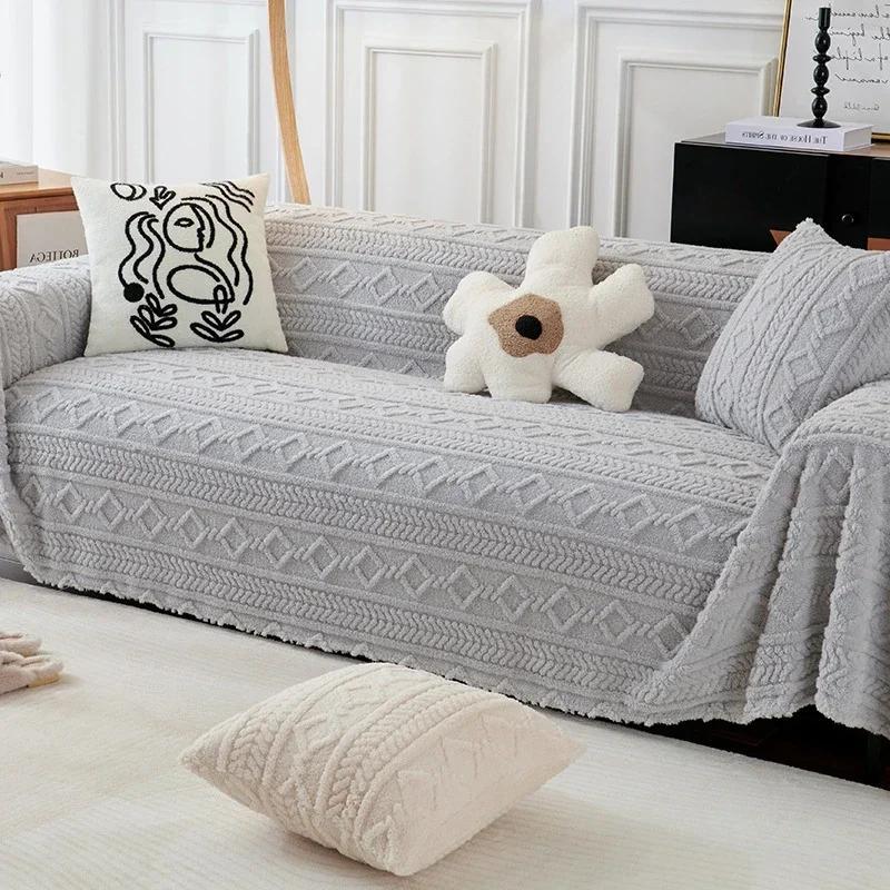 Большой чехол для дивана с защитой от кошачьих царапин, зимнее плюшевое полотенце для дивана в стиле Ins, сплошное цветное одеяло с полным покрытием, полное покрытие