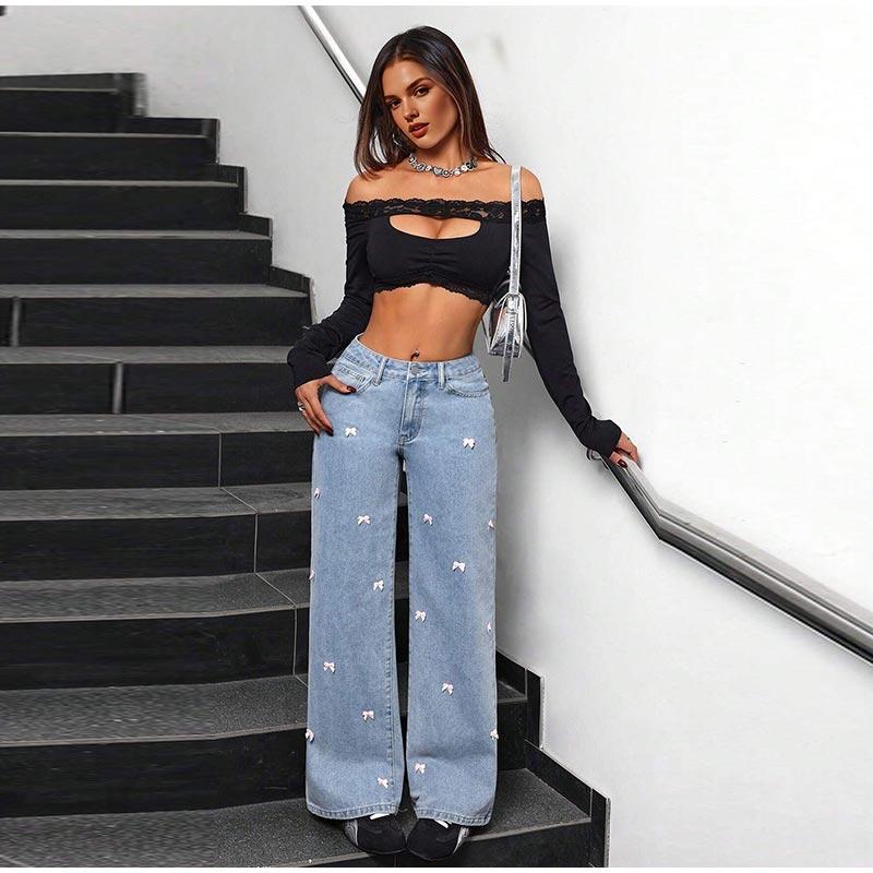 Light Blue Straight Leg Bow Jeans Women's High Waist Spring New Loose Drapey Wide Leg Denim Pants Casual Cotton Stretch