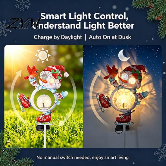 Festive Snowman Light Fixtures Solar Christmas Bird Garden Light, Waterproof Outdoor Stake Lamp with Crackle Glass Holiday Yard Art Ball, Warm