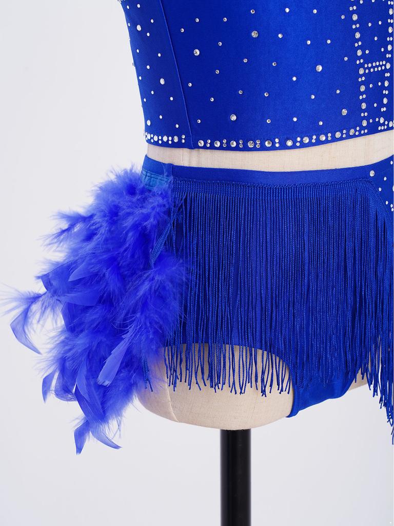 Блестящий костюм для танца с кисточками и перьями для девочек: Укороченный топ-халтер со спинкой на бретельках и юбка с эластичным поясом для сценического выступления