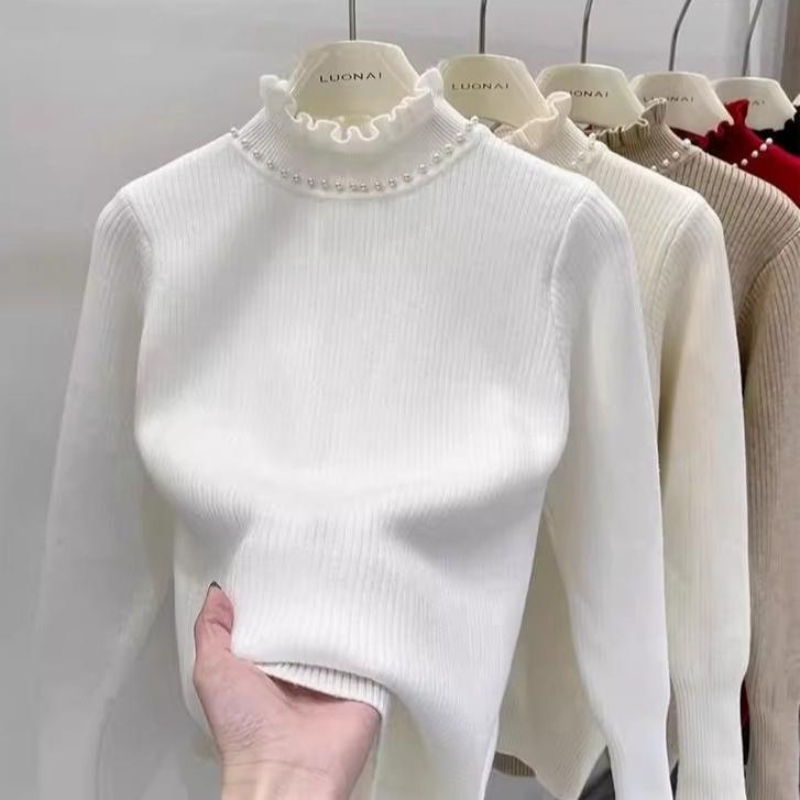 Утолщенный бархатный свитер, женский вязаный свитер с деревянными ушками и бусинами, однотонный, теплый, с внутренней флисовой толстовкой