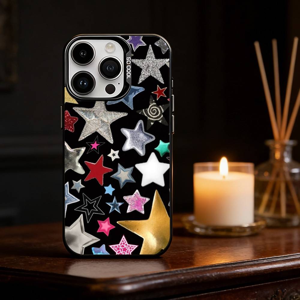 Colorful Star Phone Case For iPhone 17,16,15,14,13,12,11,Pro Max,Plus Candy Silver Cover