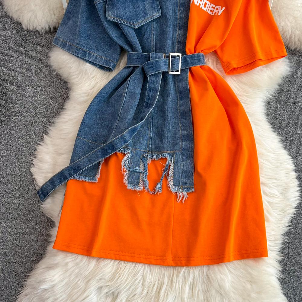 Элегантные летние женские лоскутные джинсовые рубашки, винтажные повседневные тонкие блузки, топы с поясом, женский модный пуловер, одежда, новинка