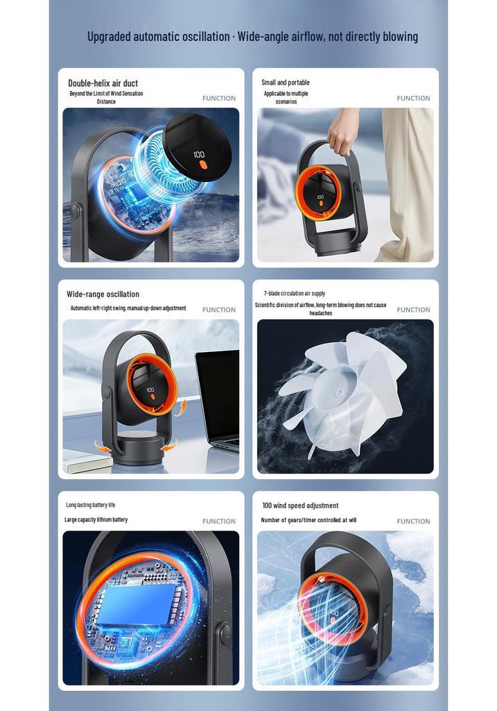 USB Rechargeable Bladeless Desktop Fan: Multi-Functional Shaking Head Fan for Home and Office
