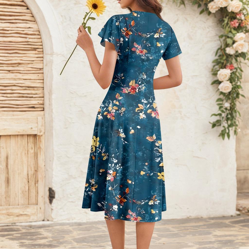 Женское летнее модное элегантное платье миди в стиле ретро с V-образным вырезом и оборками на рукавах