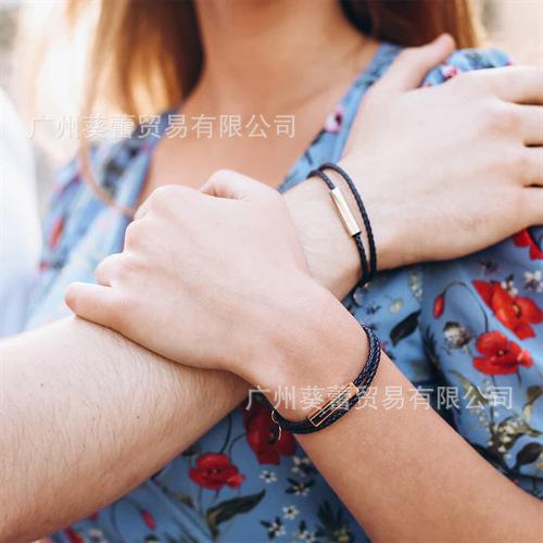 A Pair Of Stainless Steel Woven Leather Rope Couple Bracelets Support Lettering Qixi Festival Couple Bracelet Double Circle Tide Brand Bracelet
