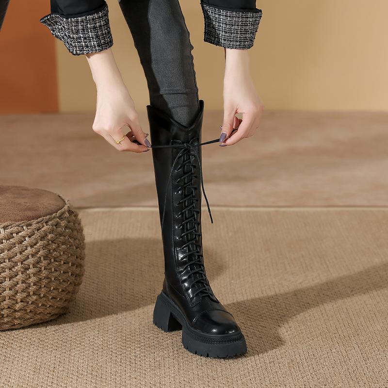 Белые сапоги женские зимние новые сапоги-рыцари на платформе толстый каблук шнуровка женские сапоги универсальная женская обувь