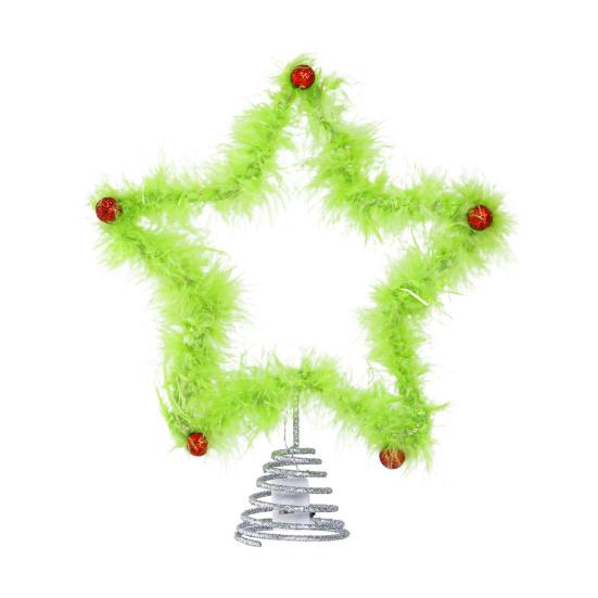 Furry Green Elf Tree Top Star 3D Plush Faux Fur Star Christmas Treetop Ornament with Red Balls for Xmas Tree Holiday Home Party Decor