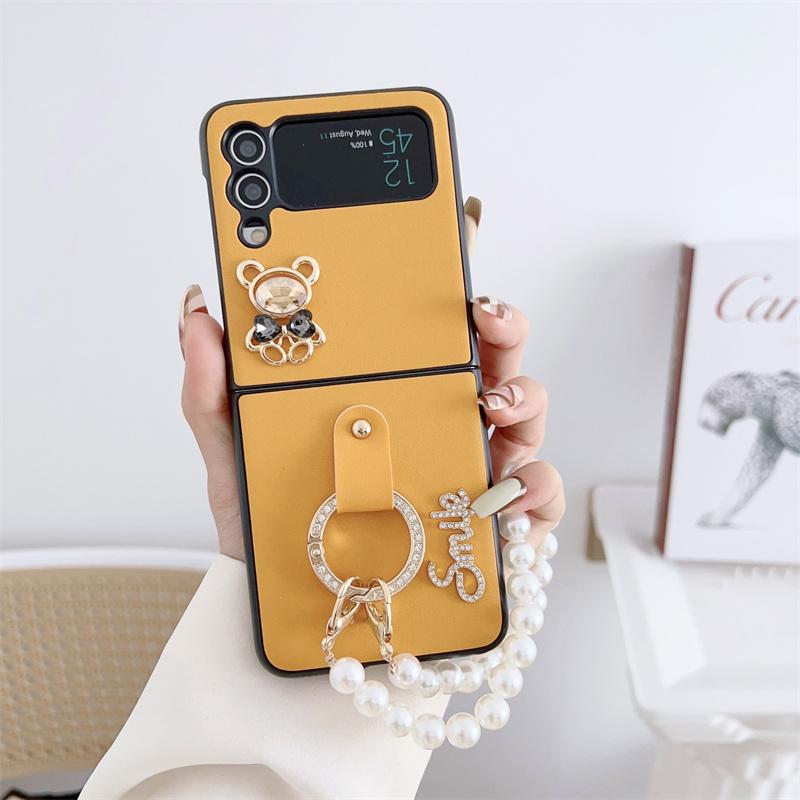 Милый чехол для телефона с кольцом на палец и жемчужной цепочкой для Samsung Galaxy Z Flip 4 3, чехлы с украшениями из мультфильма медведя для Z Flip3 Flip4 5G