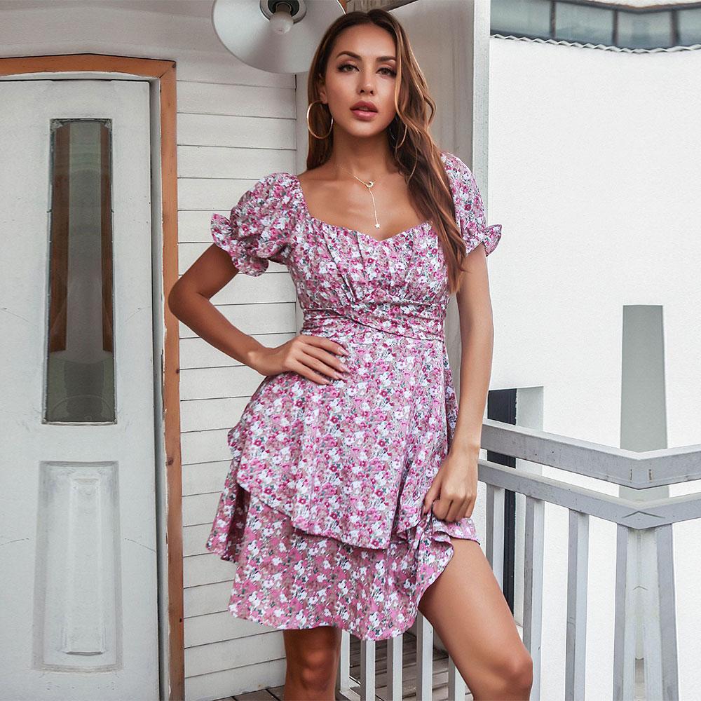 Aboe до колена с короткими пышными рукавами женское весенне-летнее платье трапециевидной формы с разрезом на шее, высокой талией, тонкое, с каскадными рюшами и цветочным принтом, S-XL