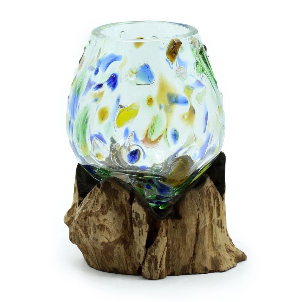 Hand Blown Glass Bowl on Wooden Base