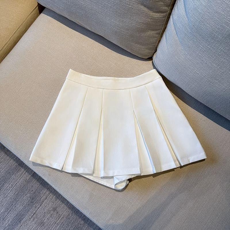 Женская мини-юбка с высокой талией, плиссированная, черная, для миниатюрных - Лето 2024, А-силуэт, пикантный костюм на полтела