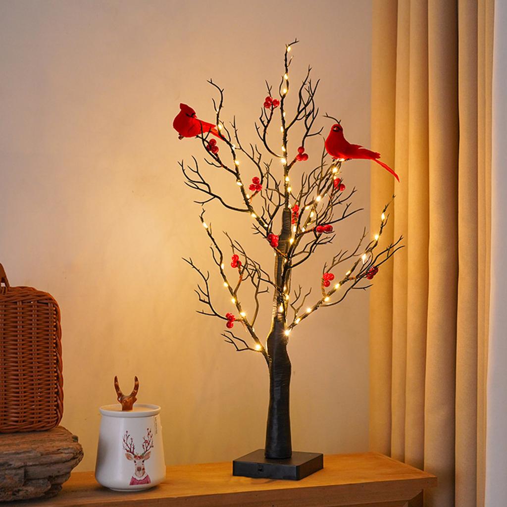 Vintage Glowing Tree with Cardinals with Red Berry and Bird LED Christmas Red Berry Tree Light for Christmas Home Party Wedding