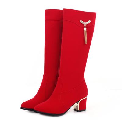 Осенне-зимние сапоги до колена женские черные красные флоковые женские высокие сапоги роскошные повседневные низкие каблуки модные длинные туфли для вечеринок женские