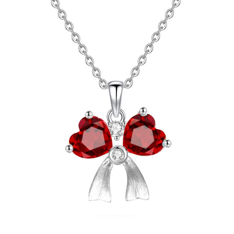 S925 Sterling Silver Bowknot Pendant Necklace with Natural Crystal Love Heart Design Romantic Jewelry Gift for Women Anniversary