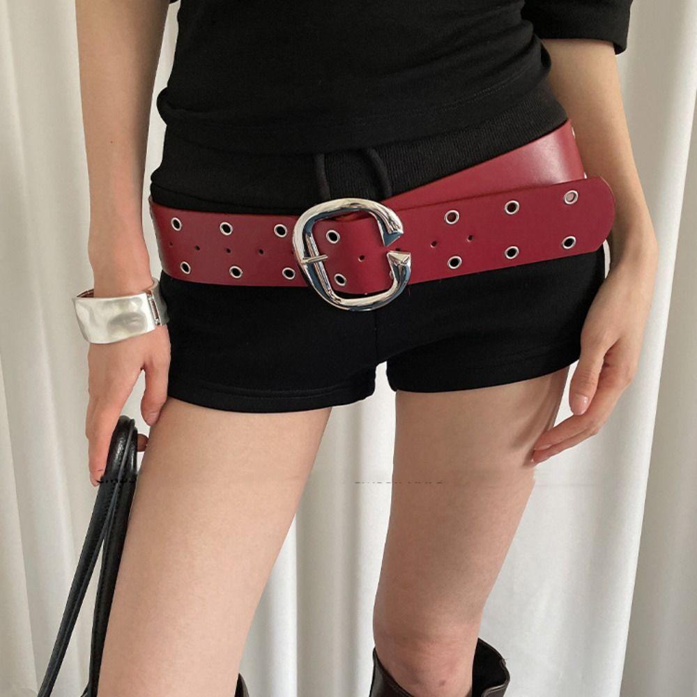 Vintage Leather Waistband Double-Row Hole Punk Style Belt Adjustable Women Wide Belt Men