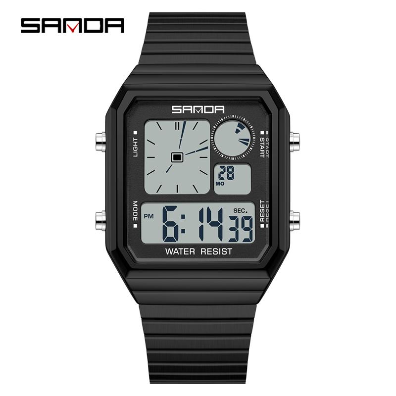 SANDA SD6399 Luxury Men's Electronic Watch Dual Time Waterproof Shockproof Casual Sport Wristwatches