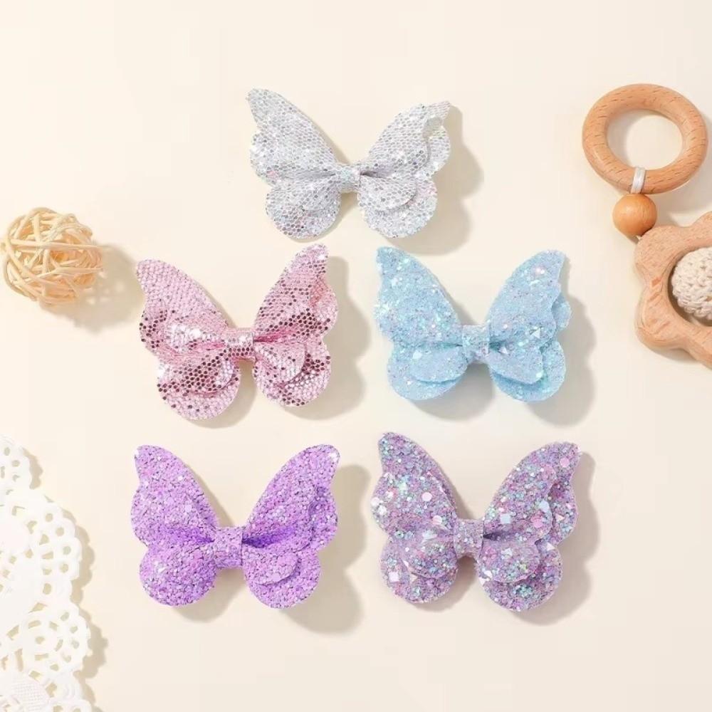4Pcs Colorful Glitter Ribbons Glitter Hair Clip Double Butterfly Design Sequins Hair Clip For Girls