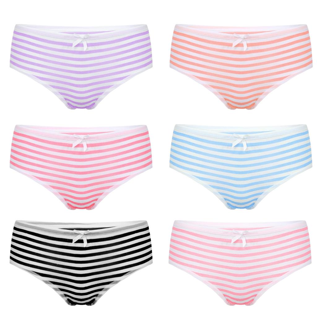 Women Stripe Mid Waist Cotton Undergarment Underwear Bikini Briefs
