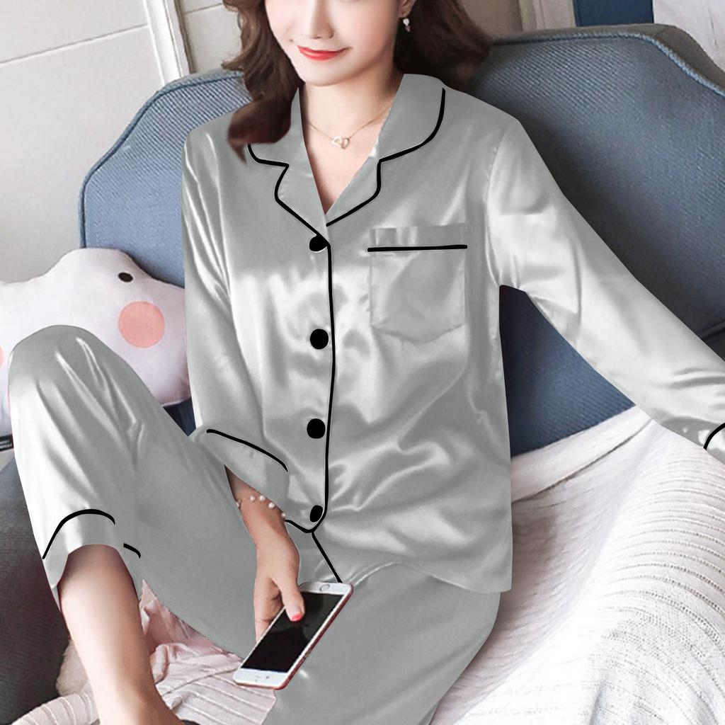 Женский повседневный кардиган с длинным рукавом, пижамный комплект, домашняя одежда из шелка, комплект из двух предметов