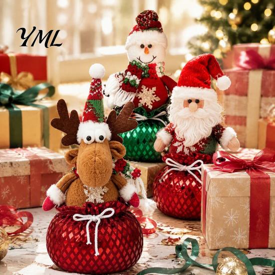 Decorative Storage Bowls Sequins Christmas Santa Claus/Snowman/Elk Ornaments with Candies Pocket, Festive Table Centerpieces Red or Green Figures for