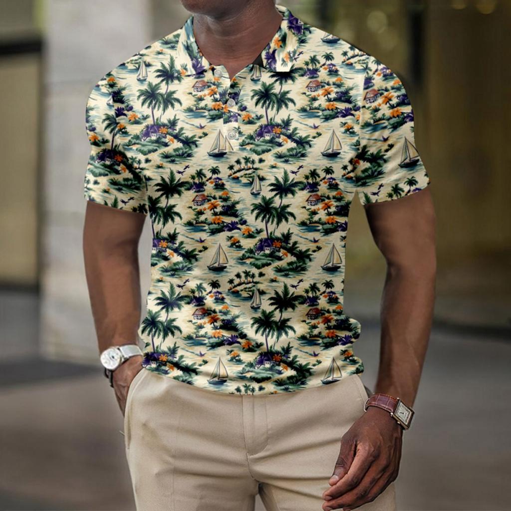 Men's Summer Hawaii Printed Golf Shirt Botton Short Sleeve Top Men's Casual Fashion Shirt