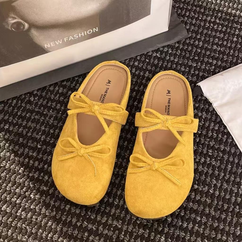 Double Bow Bag Head Slippers Women's 2025 Autumn New Fashion Casual Suede Flat Bottom Solid Color Half Drag Women