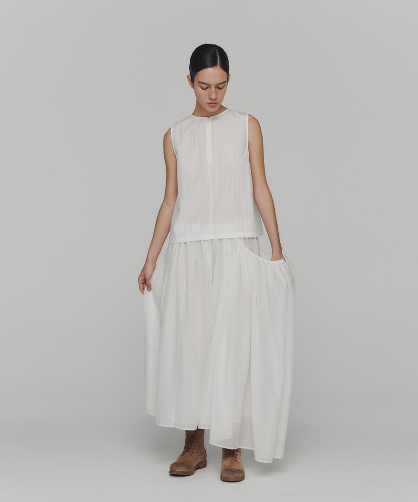 Amomento Drawstring Sheer Shirring Skirt_White