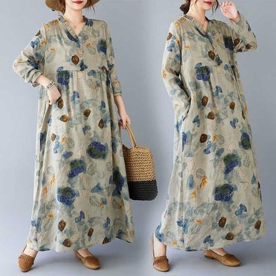 Настоящее весенне-летнее новое ретро-платье из хлопка и льна с принтом, свободное повседневное платье с воротником-грибком и длинными рукавами, с большими складками