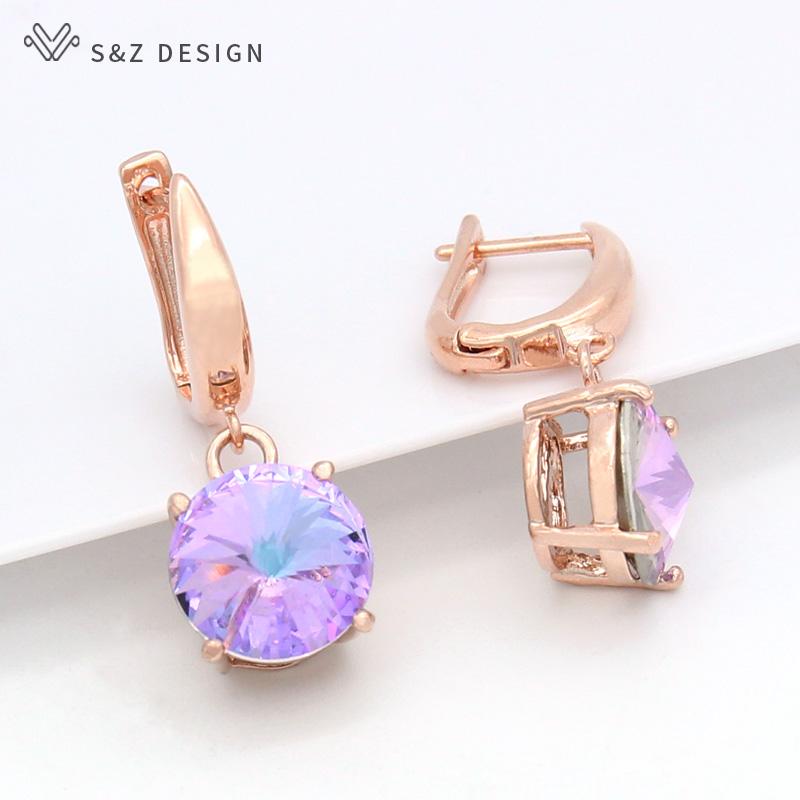 Colorful Round Large Crystal Drop Earrings For Women Wedding Jewelry Fashion Rose Gold Color Eardrop Gift