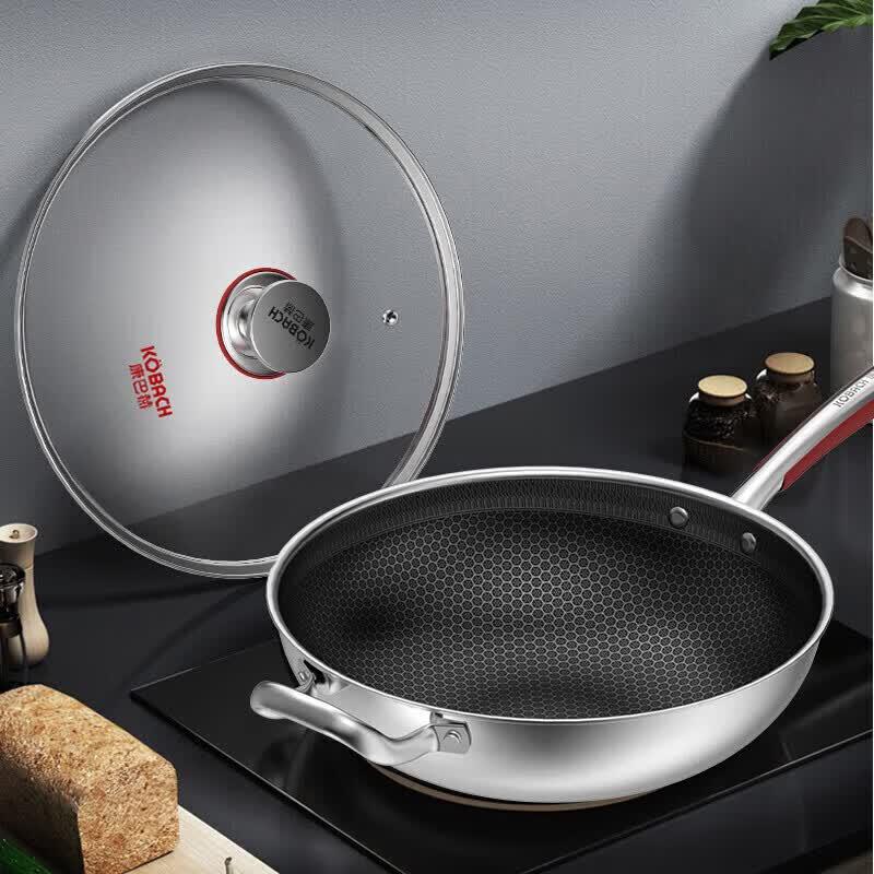 KOBACH 304 Stainless Steel Honeycomb Non-stick Wok with Visible Lid