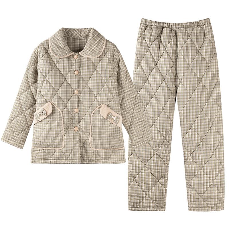 Winter pajamas women's new woven plaid clip padded jacket three-layer warm suit velvet thickened outer wear loungewear
