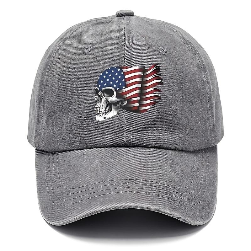VintageStyle Washed Baseball Cap with American Flag Skull Print Adjustable Distressed Dad Hat for Men