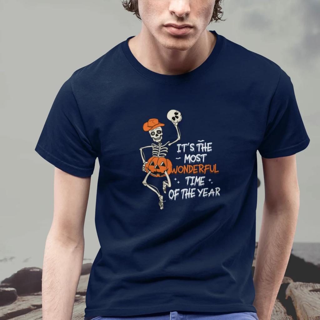 Halloween Cowboy Skeleton Pumpkin Print T‑Shirt Funny Quote Graphic Casual Men Short Sleeve Top
