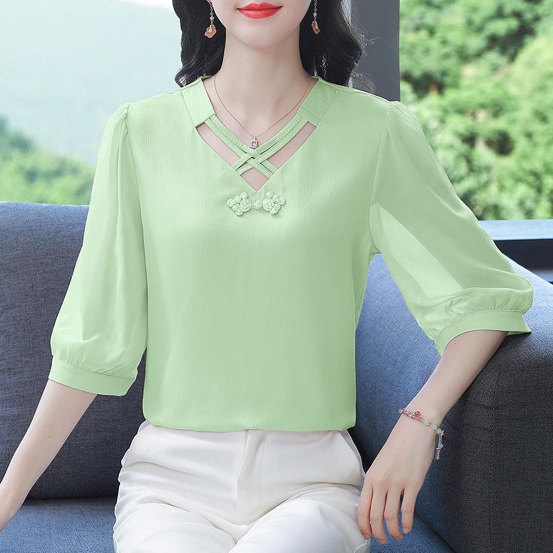 Women's Summer Shirts Fashionable and Western Design with Seven Sleeve Chiffon Style Small Top