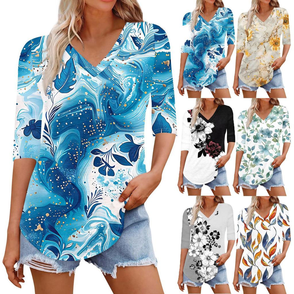 Shirts For Women Trendy V Neck T Shirts Casual Printed Blouse Half Sleeve Tops For Women