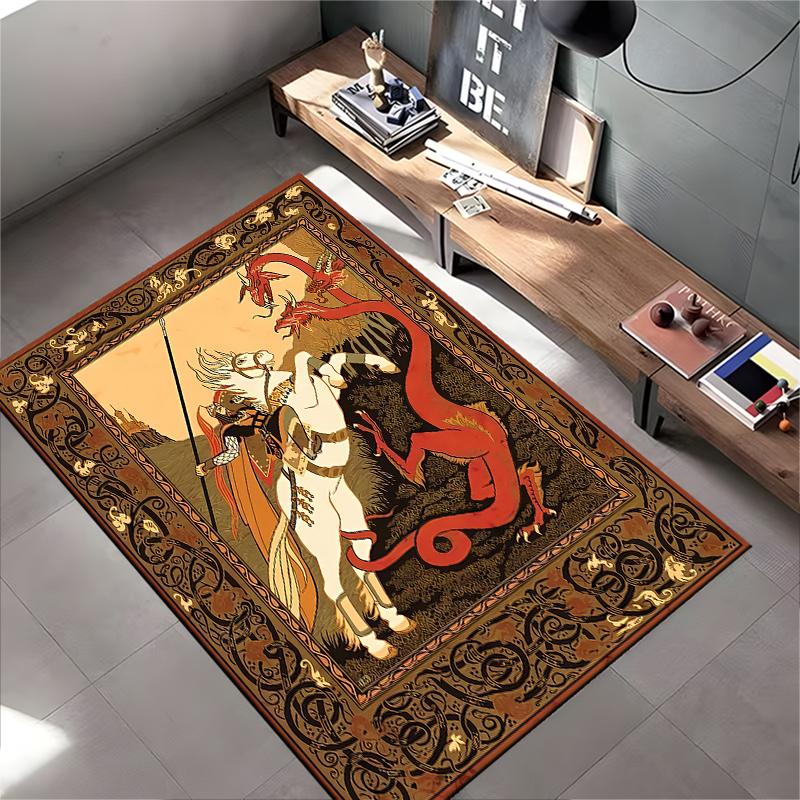"Medieval Knight Fighting Red Dragons Carpet, Fantasy Art Decor Rug" Suitable for use as an anti-slip for living room bedroom sofas