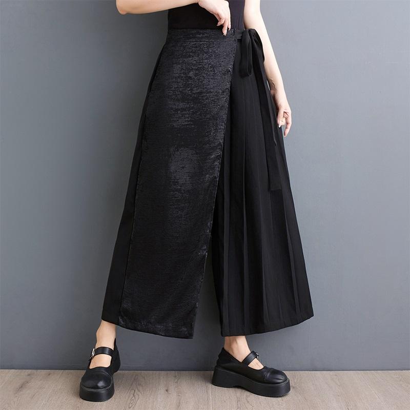 Black Plus Size Vintage Pleated High Waist Casual Loose Summer Wide Leg Pants Women Trousers